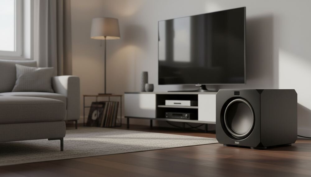 MAGNAT Omega CS 12 subwoofer aktywny, ścięta elegancka obudowa, przedni wyświetlacz i pilot zdalnego sterowania, subwoofer stojący w pomieszczeniu