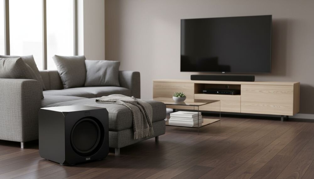 MAGNAT Omega CS 12 subwoofer aktywny ze wzmacniaczem Class D 1100 W i przednim przetwornikiem 30 cm, subwoofer stojący w pomieszczeniu
