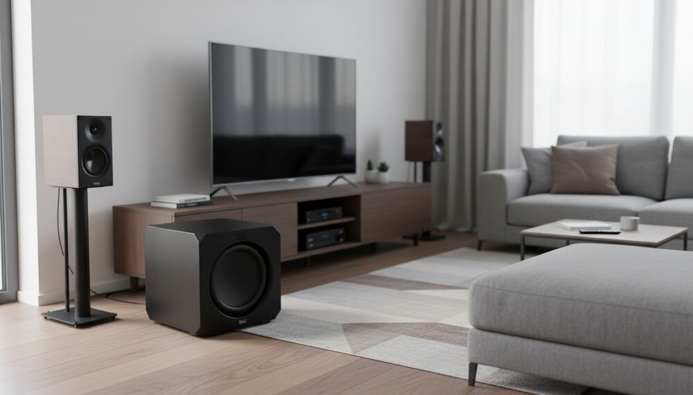 MAGNAT Omega CS 12 subwoofer aktywny, zamknięta obudowa, stopki izolujące drgania i niemiecki projekt konstrukcji, subwoofer stojący w pomieszczeniu