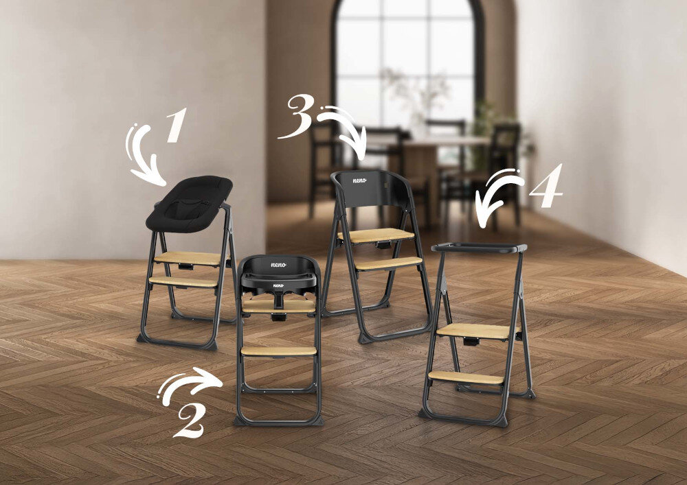 Krzesełko do karmienia NENO Sapori 4w1 Czarny wygląd prezentacja wizualizacja design Krzesełko rosnące z dzieckiem na zdjęciu widać krzesełko zmieniąjące się z wiekiem i potrzebami