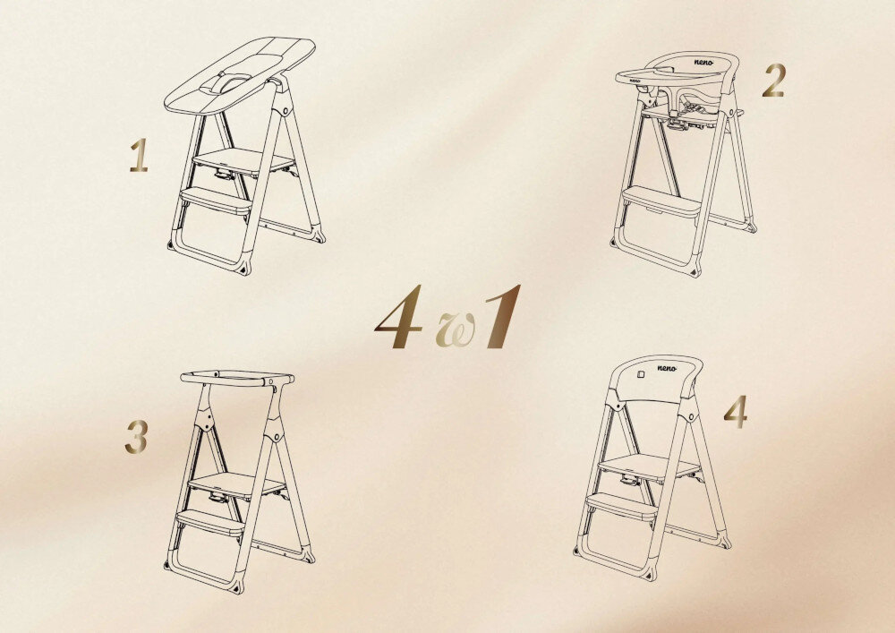 Krzesełko do karmienia NENO Sapori 4w1 Czarny 4 funkcje w jednym od pierwszych miesięcy aż po kolejne lata Funkcja leżaczka, krzesełka do karmienia, pomocnika kuchennego i krzesła prezentacja 4w1 na zdjęciu