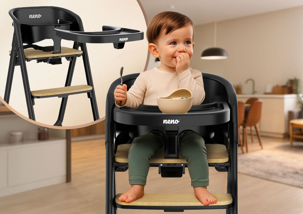 Krzesełko do karmienia NENO Sapori 4w1 Czarny Łatwe czyszczenie Tacka z podwyższonymi brzegami  Możliwość jej szybkiego odpięcia  higiena wizualizacja ściągania tacki dziecko siedzi w krzesełku i się uśmiecha