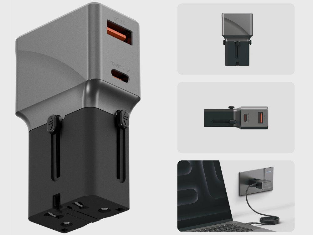 Na obrazie widoczna jest czarno-brązowa ładowarka sieciowa z portami USB i USB-C, oznaczona jako \'CC 3.0\' i \'PD 25W\'. Obok znajdują się trzy mniejsze zdjęcia przedstawiające ładowarkę z różnych perspektyw, w tym podłączoną do gniazdka z laptopem.
