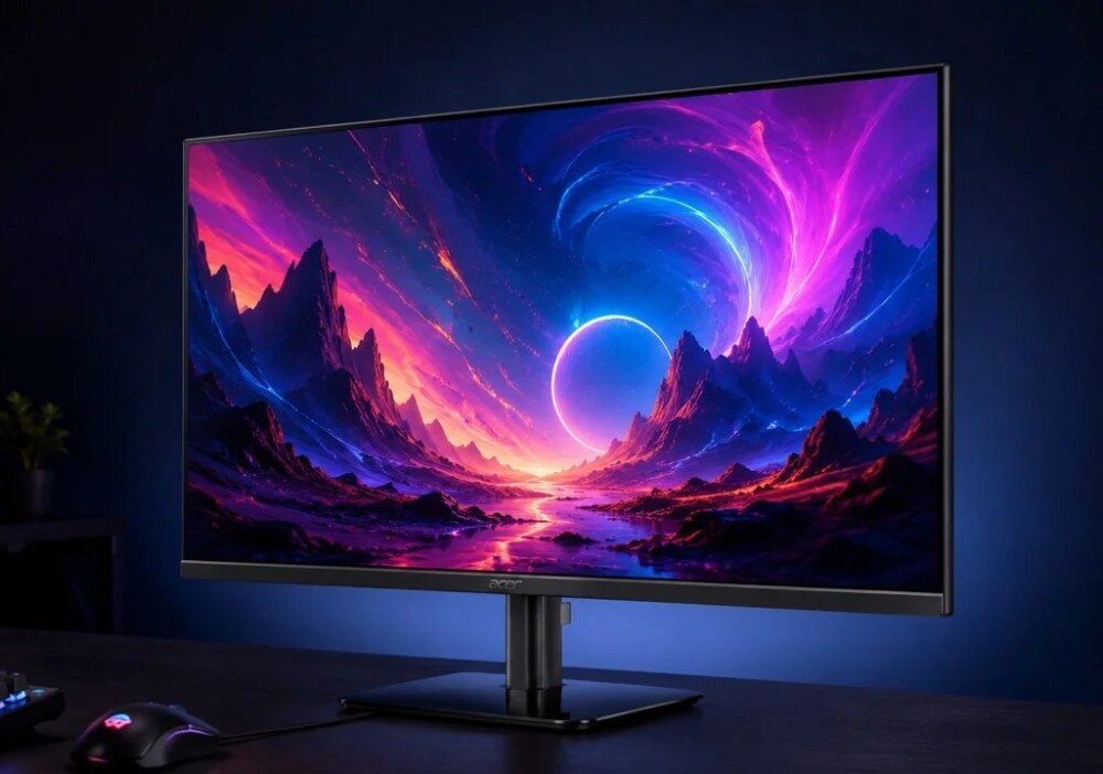 Monitor ACER KA272P0bi Monitor stoi na biurku na prostokątnej podstawie i wyświetla widok na górzysty krajobraz z jasnym pierścieniem światła