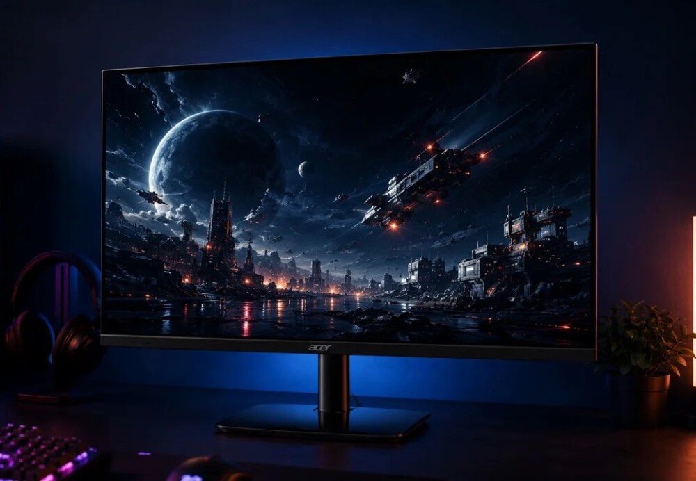 Monitor ACER KA272P0bi Monitor na biurku wyświetla grafikę ze statkami kosmicznymi i planetami na tle nocnego nieba