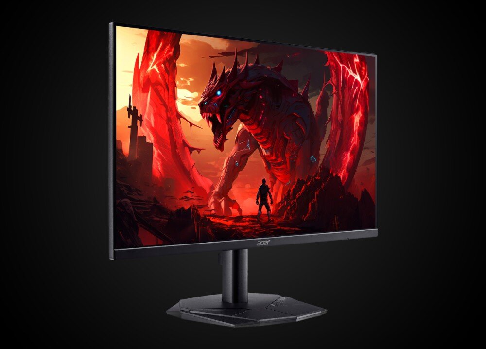 Monitor ACER Nitro KG270P0bi Czarny monitor komputerowy pod kątem na czarnym tle wyświetla grafikę z czerwonym smokiem i małą postacią