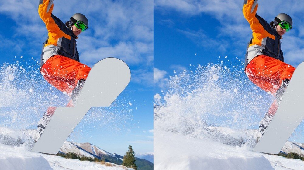 Monitor ACER Nitro KG270P0bi Zbliżenie na monitor, który po lewej stronie pokazuje rozmytego snowboardzistę, a po prawej wyraźnego, synchronizacja, FreeSync