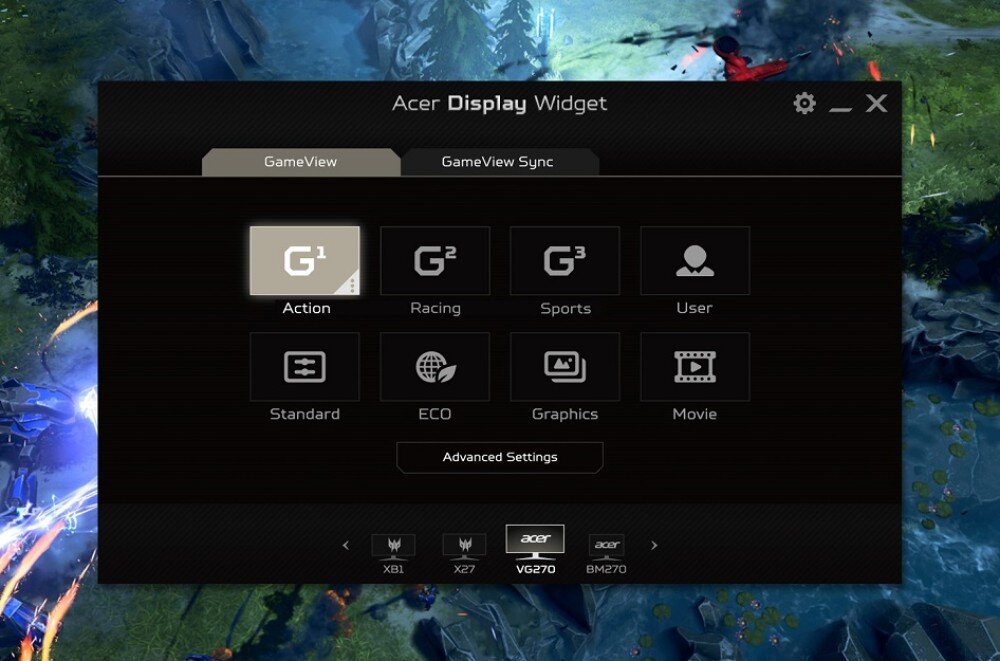 Monitor ACER Nitro KG270P0bi Zbliżenie na monitor, który pokazuje menu Acer Display Widget z różnymi ikonami trybów obrazu, takich jak Action, Racing, Sports, User, Standard, ECO, Graphics i Movie, na tle zrzutu ekranu z gry, ergonomia, porty