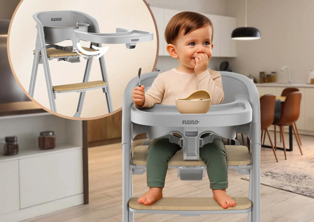 Na obrazie widoczne jest szare krzesełko do karmienia z dzieckiem siedzącym na nim, trzymającym łyżeczkę i miseczkę. W tle znajduje się kuchnia, a w lewym górnym rogu pokazano zbliżenie na funkcję krzesełka z napisem \'neno\'.