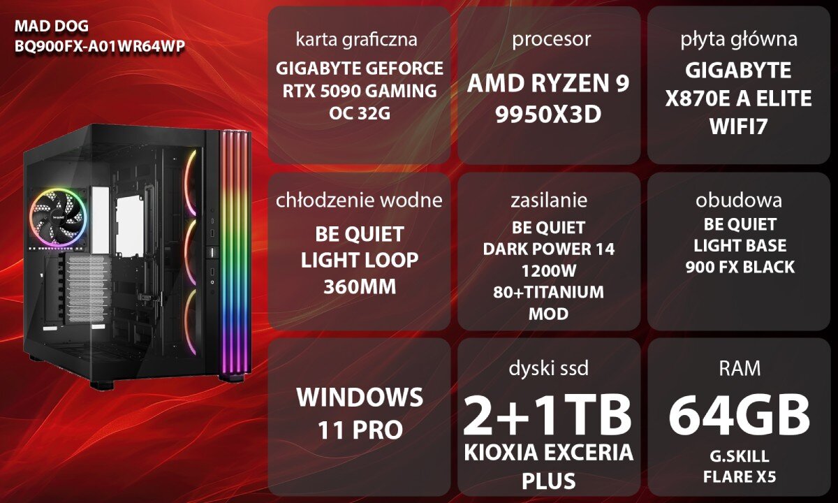 Komputer MAD DOG GeForce RTX5090 DLSS 4 Reflex Edition 2 BQ900FX-A01WR64WP Uśmiechnięta kobieta w słuchawkach siedzi przy biurku z komputerem, podświetlaną klawiaturą i myszką. Obok monitora stoi czarna obudowa z przeszklonym bokiem, a w tle widoczne jest dekoracyjne oświetlenie oraz żółta ikona 'play'
