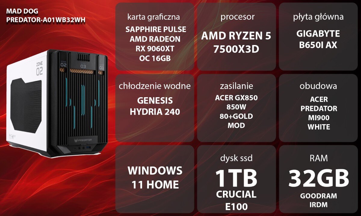 Komputer MAD DOG PREDATOR-A01WB32WH Biała obudowa komputerowa z czarnym frontem w żebrowany wzór i podświetleniem niebieskim, na tle fioletowej grafiki z neonowym symbolem