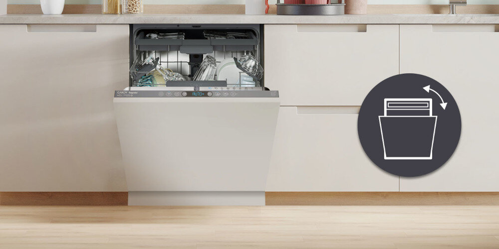 ZMYWARKA CANDY CI 4C4F1A RAPIDO zdjęcie lifestyle kuchnia wizualizacja otwarta front ikona kuchnia białe meble zabudowa uchylone drzwiczki Automatyczne otwieranie drzwi nauralne suszenie bez uszkodzenia mebli