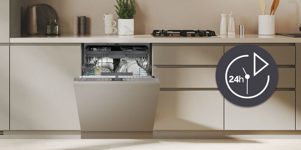 ZMYWARKA CANDY CI 4C4F1A RAPIDO zdjęcie lifestyle zabudowa kuchnia jasne meble otwarta ikona czasu zegar Opóźnienie startu do 24h godzina czas planowanie rozpoczęcie zakończenie
