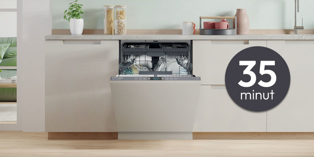ZMYWARKA CANDY CI 4C4F1A RAPIDO zdjęcie lifestyle ikona grafika panel sterowania czas kuchnia zmywarka otwarta front panel Program Wash&Dry 35 minut krótszy czas szybsze mycie suszenie mniej czasochłonne
