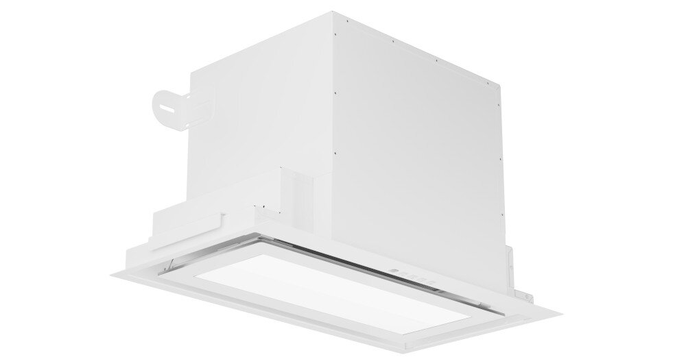 OKAP AKPO WK-12 Evita 60 Pokazano biały okap sufitowy od spodu, z uchyloną klapą serwisową. Widoczny jest metalowy filtr przeciwtłuszczowy oraz elementy mocujące panel uchylna klapa łatwe czyszczenie filtra czyste powietrze