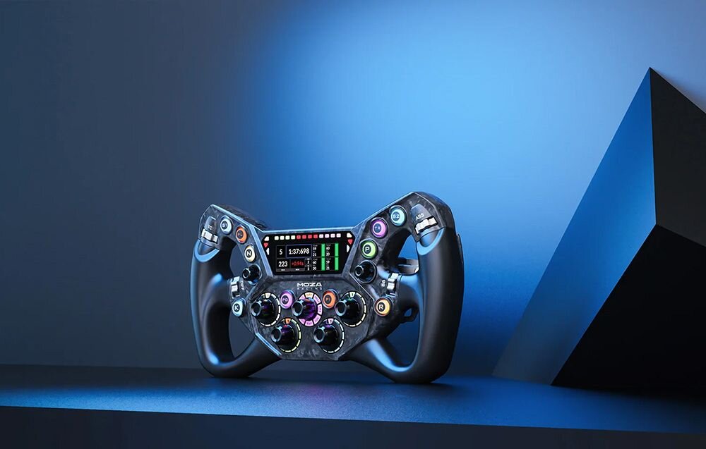 Kierownica MOZA Racing KS Pro Czarna kierownica o motylkowej konstrukcji z kolorowymi przyciskami na ciemnym tle