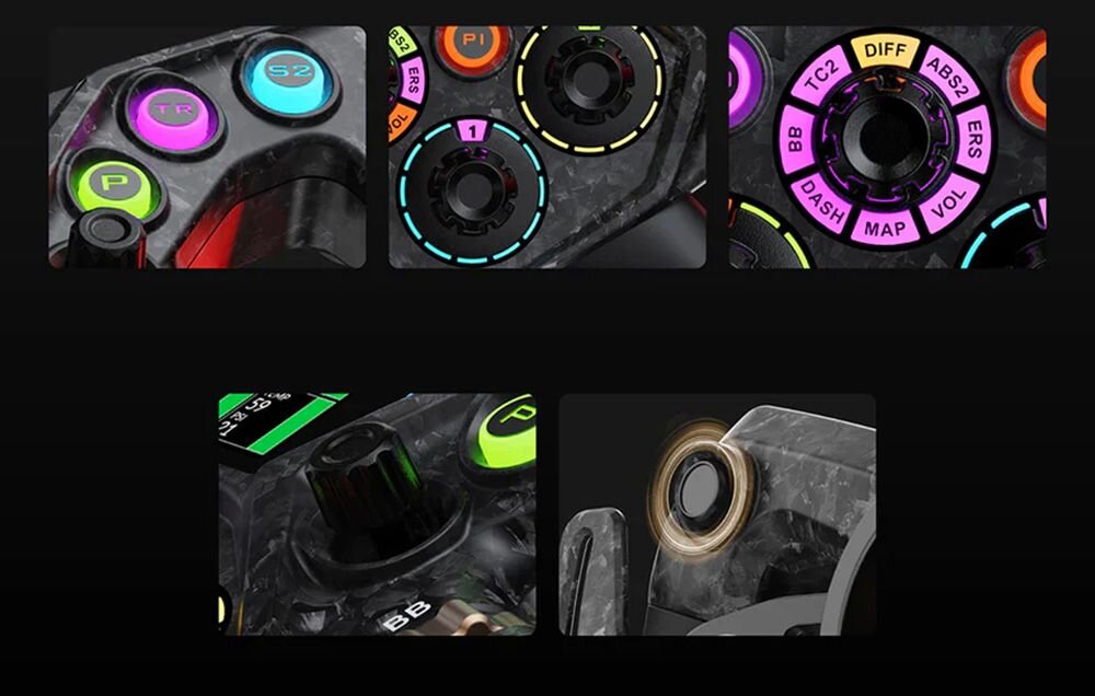 Kierownica MOZA Racing KS Pro Zbliżenie na podświetlone na kolorowo przyciski kierownicy gamingowej przyciski RGB joysticki przełączniki pokrętła tylne przyciski szybkie zarządzanie