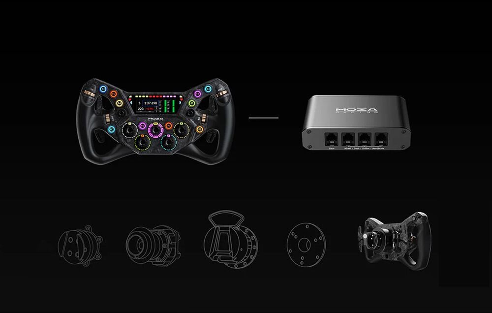 Kierownica MOZA Racing KS Pro Kierownica gamingowa z hubem MOZA i innymi urządzeniami na czarnym tle otwarty ekosystem MOZA PC hub MOZA bazy innych producentów