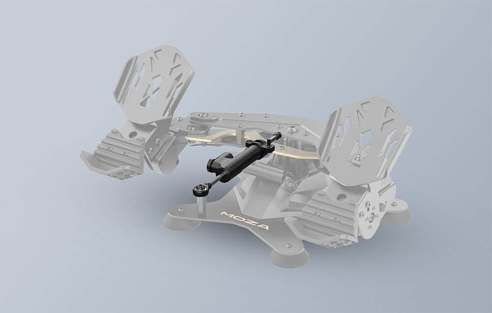 Amortyzator do pedałów MRP MOZA AS020, wyczucie, sterowanie, pedał, czujnik, na niebieskim tle amortyzator zamontowany do zestawu pedałów