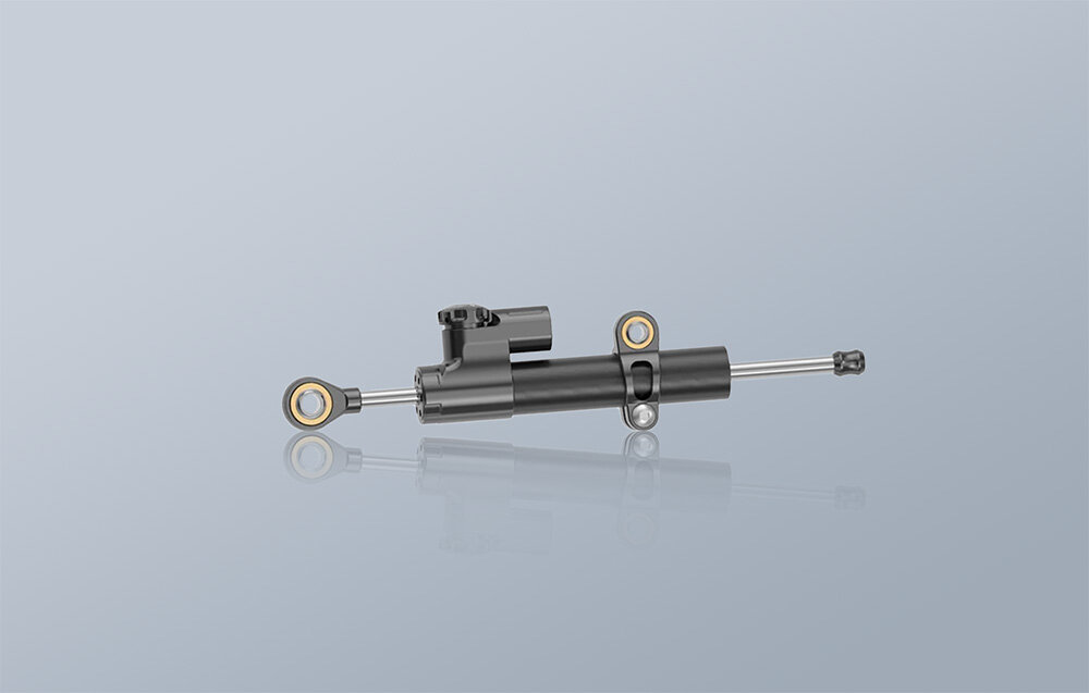 Amortyzator do pedałów MRP MOZA AS020, pedał, realistyczne, regulowany, tłumienie, na niebieskim tle od bocznej strony amortyzator