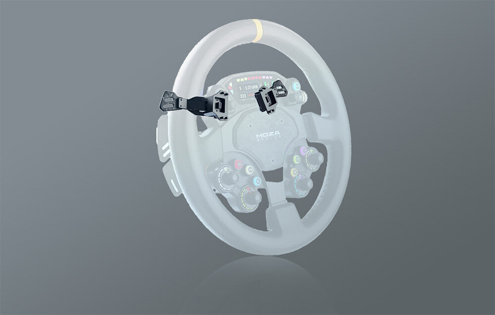 Zestaw łopatek zmiany biegów MOZA RS094, sterowanie, możliwość, dodatek, wsparcie, na szarym tle wybierlona kierownica i oznaczenie w kolorze zestawu łopatek