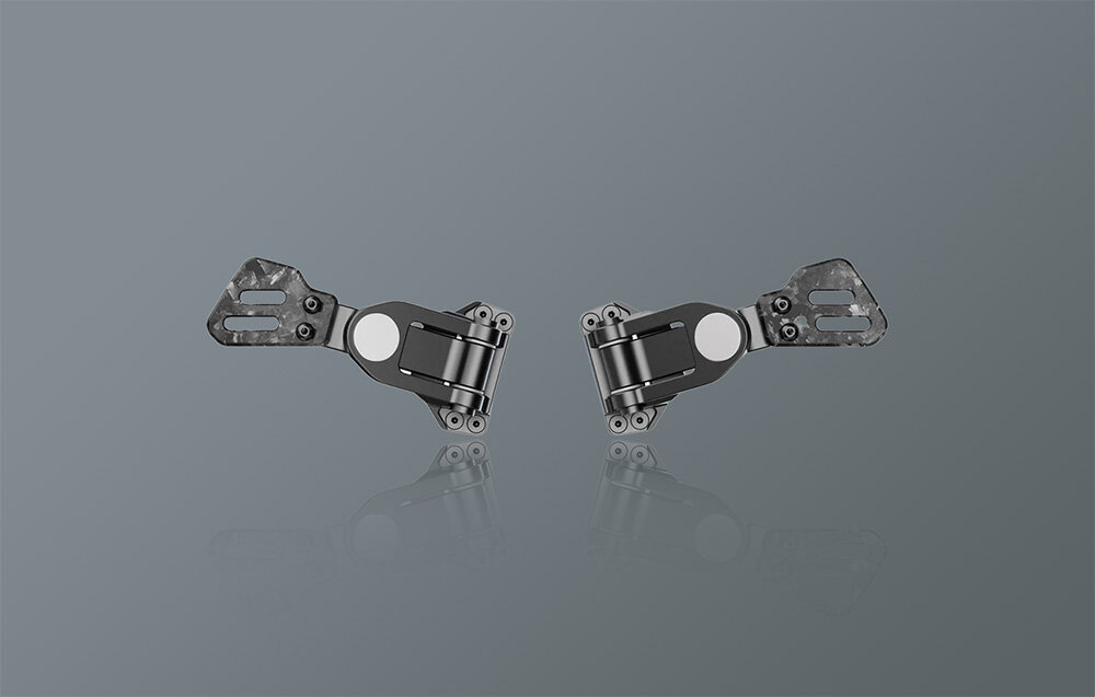 Zestaw łopatek zmiany biegów MOZA RS094, rozszerzenie, cs pro, elementy, funkcjonalność, na szarym tle zestaw łopatek w symetrycznym ustawieniu