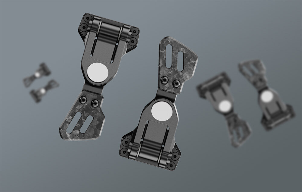 Zestaw łopatek zmiany biegów MOZA RS094, jazda, konfiguracja, łopatki, DRS, na szarym tle zbliżenie na zestaw łopatek oraz w tle 2 zestawy łopatek rozmyte