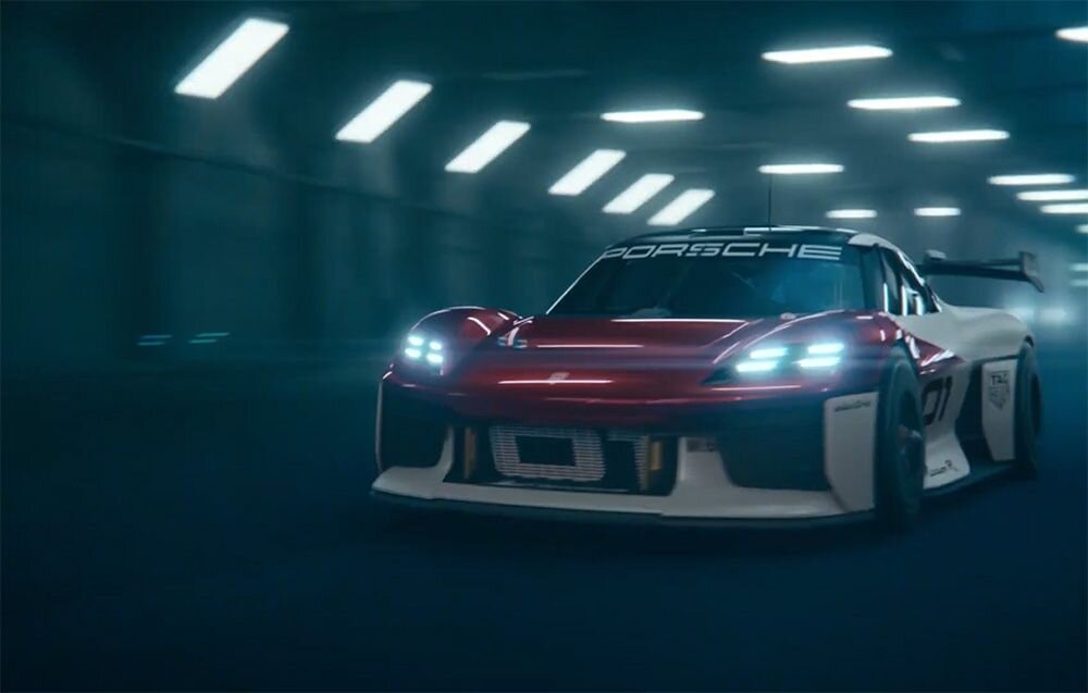 Kierownica MOZA RACING Porsche MISSION R Biało-czerwone Porsche jadące przez tunel z białym oświetleniem czterordzeniowa jednostka taktowanie renderowanie grafiki w czasie rzeczywistym immersyjne doświadczenie