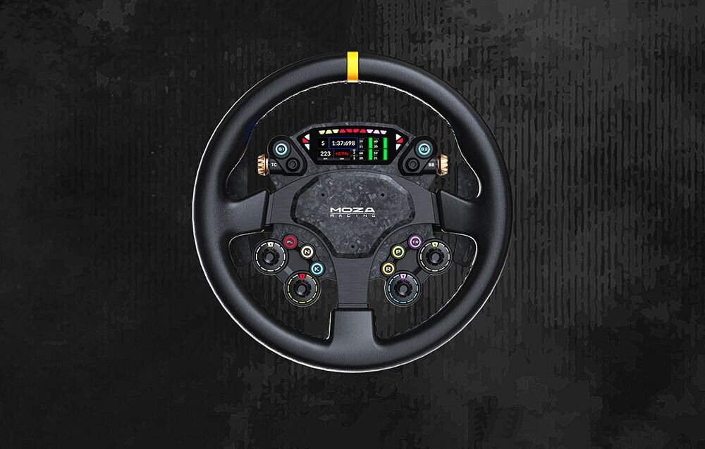 Kierownica MOZA CS Pro RS093, karbon, magnetyczny, 6 łopatek, DRS, Detale budowy kierownicy MOZA: przyciski, pokrętła i złącze Quick Release.