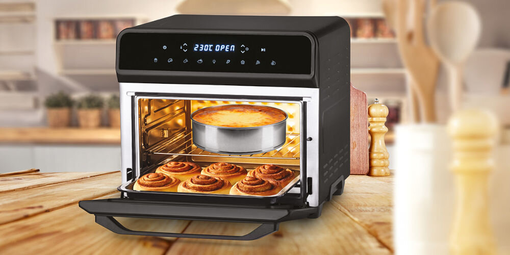 Air Fryer Frytkownica beztłuszczowa ZELMER Maxi ZAF9230 Czarny frytkownica w kolorze czarnym stoi na blacie otwarte drzwiczki światło w środku ciasto bułeczki wyświetlacz podświetlenie kratka blaszka Samodzielna regulacja temperatury od 0 do 200°C i czasu pełna kontrola chrupiące, delikatne lub wypieczone przekąski frytki, warzywa, mięso czy desery optymalne rezultaty z różnymi poziomami ciepła i czasem przyrządzania  