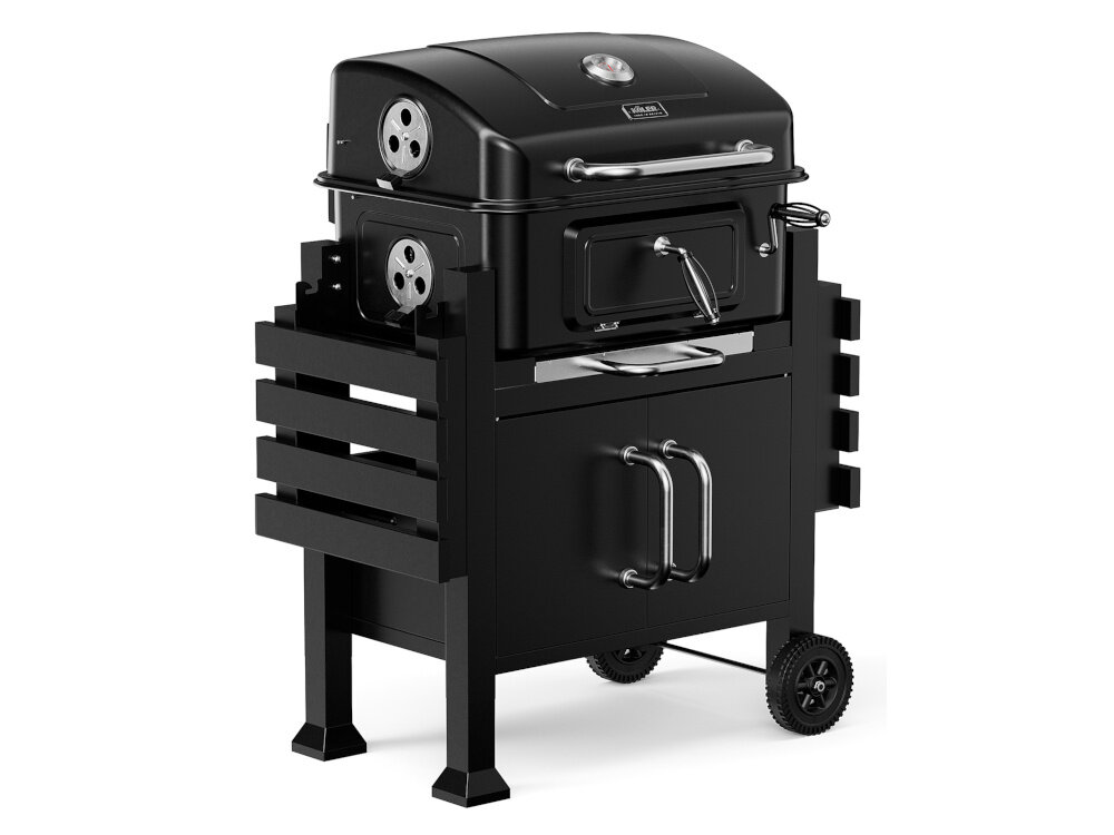 Grill węglowy KOLER Ember CH2 grill z zamkniętą pokrywą i ze złożonymi półkami widoczny z boku grillowanie na świeżym powietrzu przygotowywanie różnorodnych dań