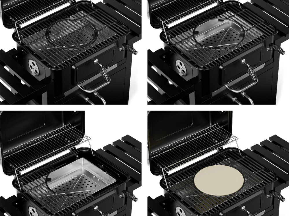 Grill węglowy KOLER Ember CH2 zbliżenie na ruszt w różnych kompozycjach żeliwny ruszt dolny o wymiarach 58,5 x 42,5 cm możliwość zastosowania płyty z żeliwa kamienia do pizzy stalowy ruszt górny wymiary 20 x 53,5 cm do podgrzewania dań
