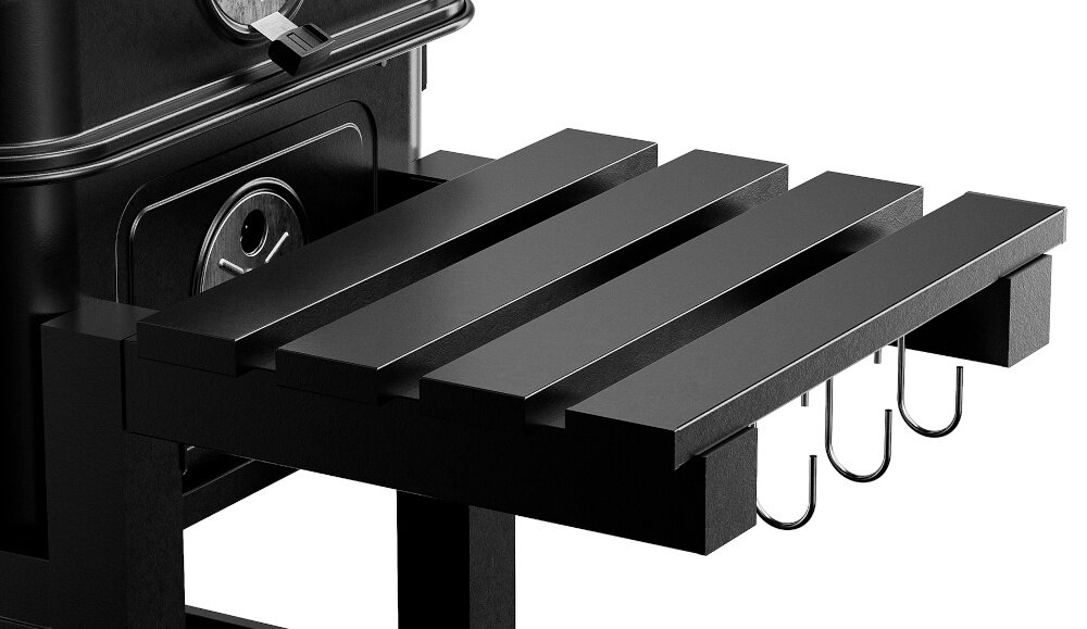 Grill węglowy KOLER Ember CH2 zbliżenie na półkę boczną dwie boczne półki składane haczyki do wieszania akcesoriów akcesoria w zasięgu Twoich dłoni