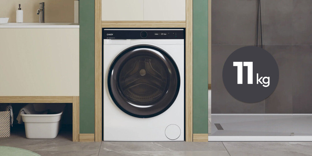 Pralka CANDY AI ProWash 700 BS 411B9-S pojemność bębna 11 kg większa ilość prania rozpoznawanie wagi dopasowanie parametrów prania