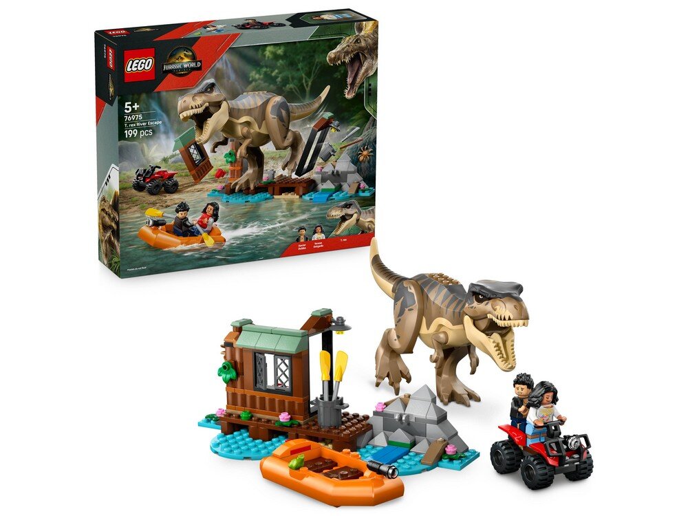 Zestaw LEGO przedstawia scenę z tyranozaurem, łodzią i pojazdem terenowym. W tle widoczny jest opakowanie z logo LEGO i Jurassic World oraz informacją \'5+, 76975, 199 pcs\'.