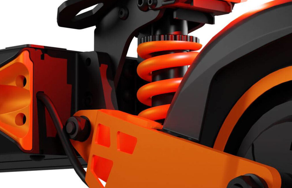 Hulajnoga elektryczna KAMIKAZE K1 Plus Plus 80km 1000W 10 cali Czarny zbliżenie na amortyzację sprężynowe zawieszenie wytrzymałość i skuteczność amortyzacja bardzo dobrze tłumi drgania i wstrząsy poprawia wygodę zwiększa stabilność i bezpieczeństwo