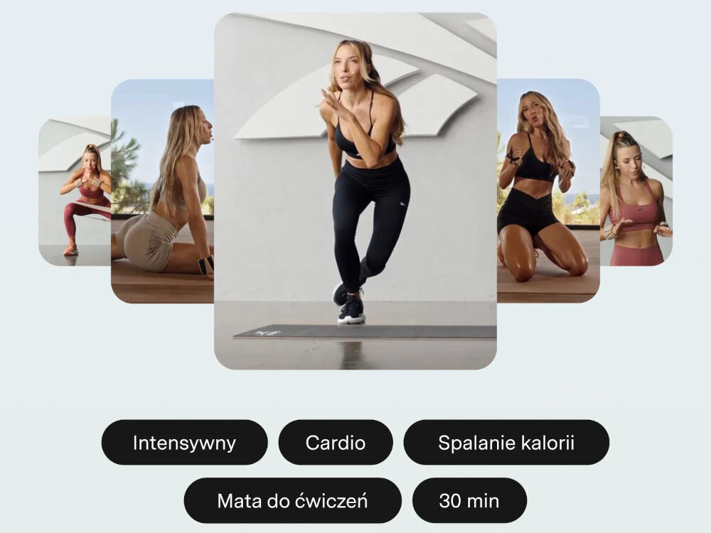 Pakiet fitness BEACTIVE 12 miesięcy Zestawienie kadrów z treningów wideo z Ewą Chodakowską oraz tagi: Intensywny, Cardio, Spalanie kalorii, Mata do ćwiczeń, 30 min.