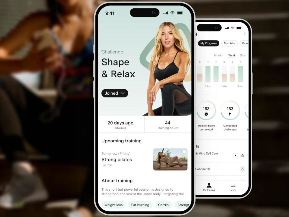 Pakiet fitness BEACTIVE 1 miesiąc Interfejs aplikacji treningowej na smartfony przedstawiający statystyki postępów, plan treningowy oraz wyzwanie Shape & Relax.