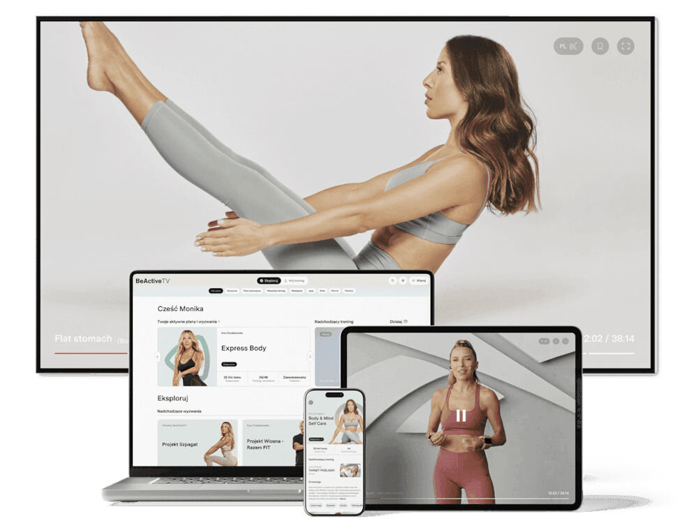 Pakiet fitness BEACTIVE 3 miesiące Ekran telewizora, laptopa, tabletu i smartfona z widoczną platformą treningową BeActiveTV i zestawami ćwiczeń online.
