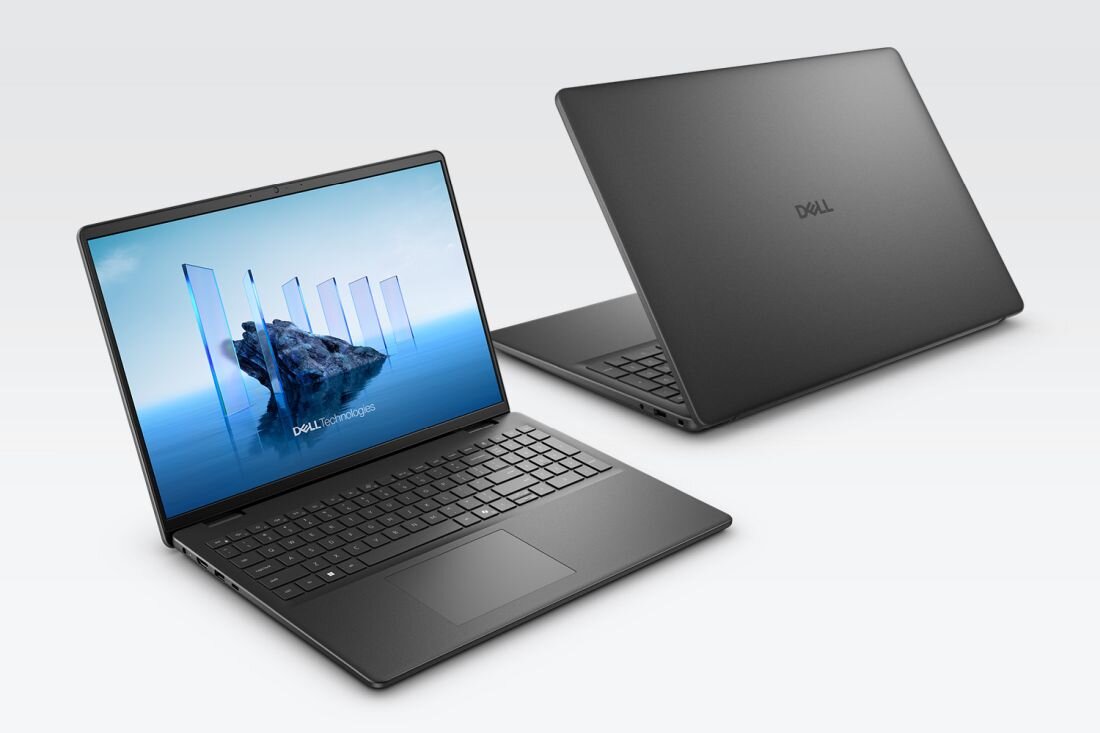 Na obrazie widoczne są dwa laptopy marki Dell. Jeden z nich jest otwarty, z wyświetlaczem pokazującym grafikę z napisem \'Dell Technologies\', a drugi zamknięty, z widocznym logo Dell na obudowie.