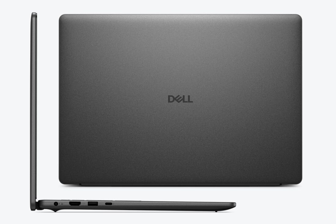 Obraz przedstawia zamknięty laptop w kolorze ciemnoszarym z widocznym logo \'DELL\' na pokrywie. Laptop jest pokazany z boku i z tyłu, ukazując porty po jednej stronie.