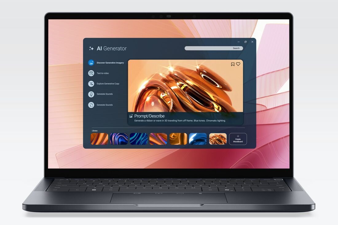 Laptop z wyświetlaczem pokazującym aplikację \'AI Generator\' z różnymi opcjami generowania obrazów. Na ekranie widoczny jest abstrakcyjny obraz w odcieniach pomarańczowego i złotego.