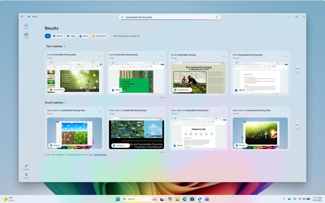 Ekran komputera z otwartym oknem wyszukiwania, pokazującym wyniki dla \'Sustainable farming data\'. Widoczne są miniatury dokumentów i obrazów z etykietami takimi jak \'Word\' i \'PowerPoint\'.