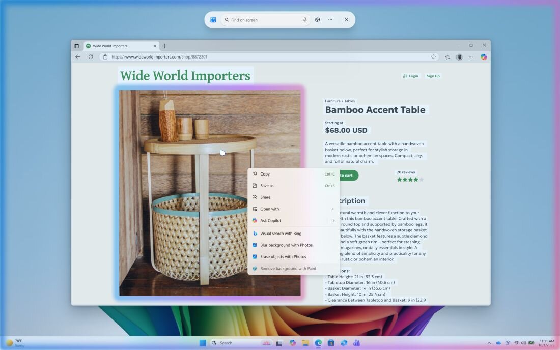 Zrzut ekranu przedstawia stronę internetową \'Wide World Importers\' z produktem \'Bamboo Accent Table\' w cenie 68.00 USD. Na ekranie widoczna jest opcja menu kontekstowego z funkcjami kopiowania i zapisywania obrazu.