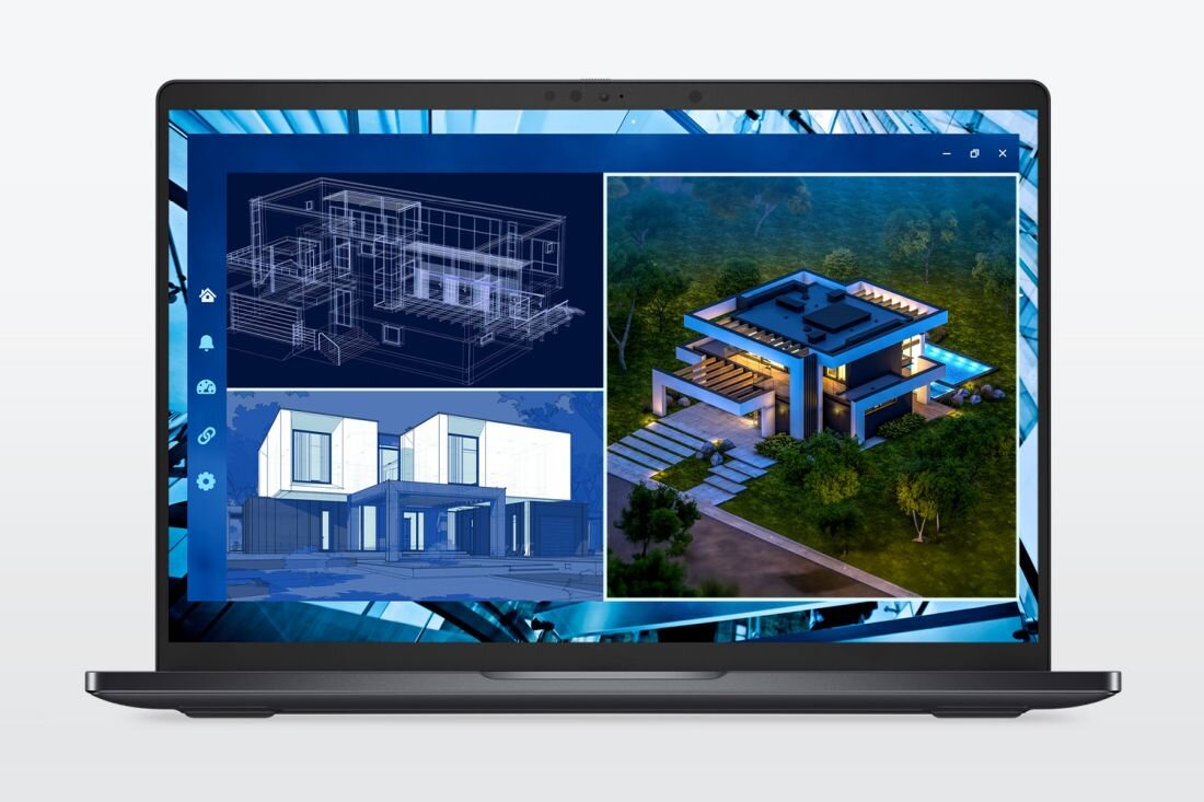 Na ekranie laptopa wyświetlane są trzy obrazy przedstawiające projekt architektoniczny: szkic 3D budynku, render 3D oraz wizualizację gotowego domu otoczonego zielenią.