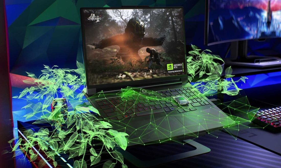 Laptop LENOVO Legion Pro 7 - Gamingowy laptop LENOVO Legion Pro 7 z zielonym ekranem, obok zielona cyfrowa roślina, z kartą graficzną NVIDIA GeForce RTX. NVIDIA GeForce RTX NVIDIA Blackwell NVIDIA DLSS 4  