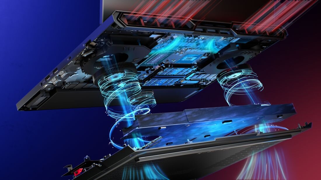 Laptop LENOVO Legion Pro 7 - Wnętrze laptopa LENOVO Legion Pro 7 z niebieskim podświetleniem, prezentujące system Smart Fan. Smart Fan Acoustic AI Sound Sync 