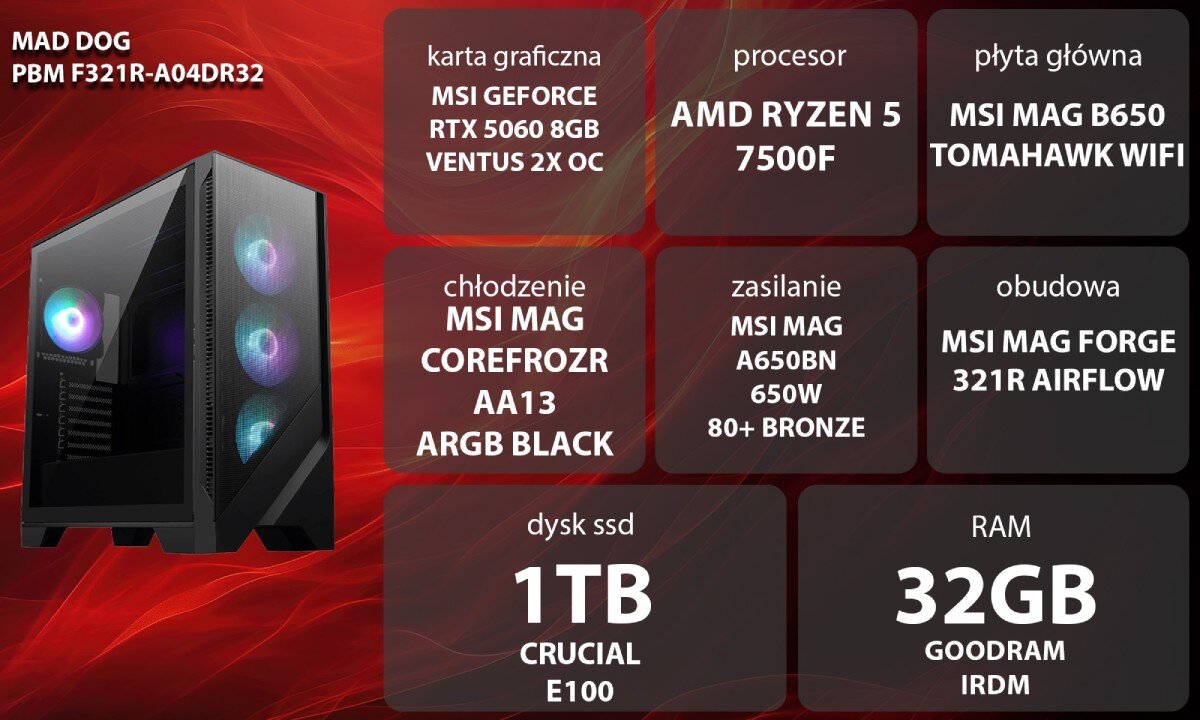 Komputer MAD DOG Powered by MSI F321R-A04DR32 Kobieta w słuchawkach grająca na komputerze stacjonarnym. Siedzi przy biurku z podświetlaną klawiaturą i monitorem, w tle niebiesko-żółte oświetlenie i regał, opis