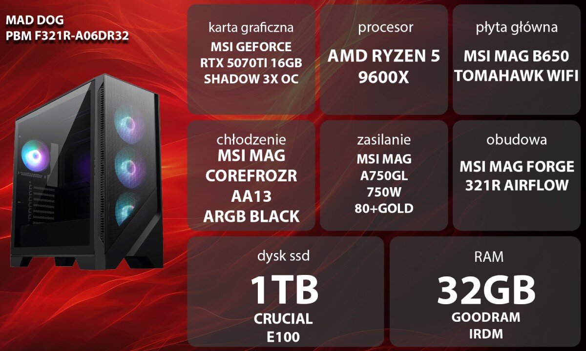 Komputer MAD DOG Powered by MSI F321R-A06DR32 Kobieta w słuchawkach grająca na komputerze stacjonarnym. Siedzi przy biurku z podświetlaną klawiaturą i monitorem, w tle niebiesko-żółte oświetlenie i regał, opis