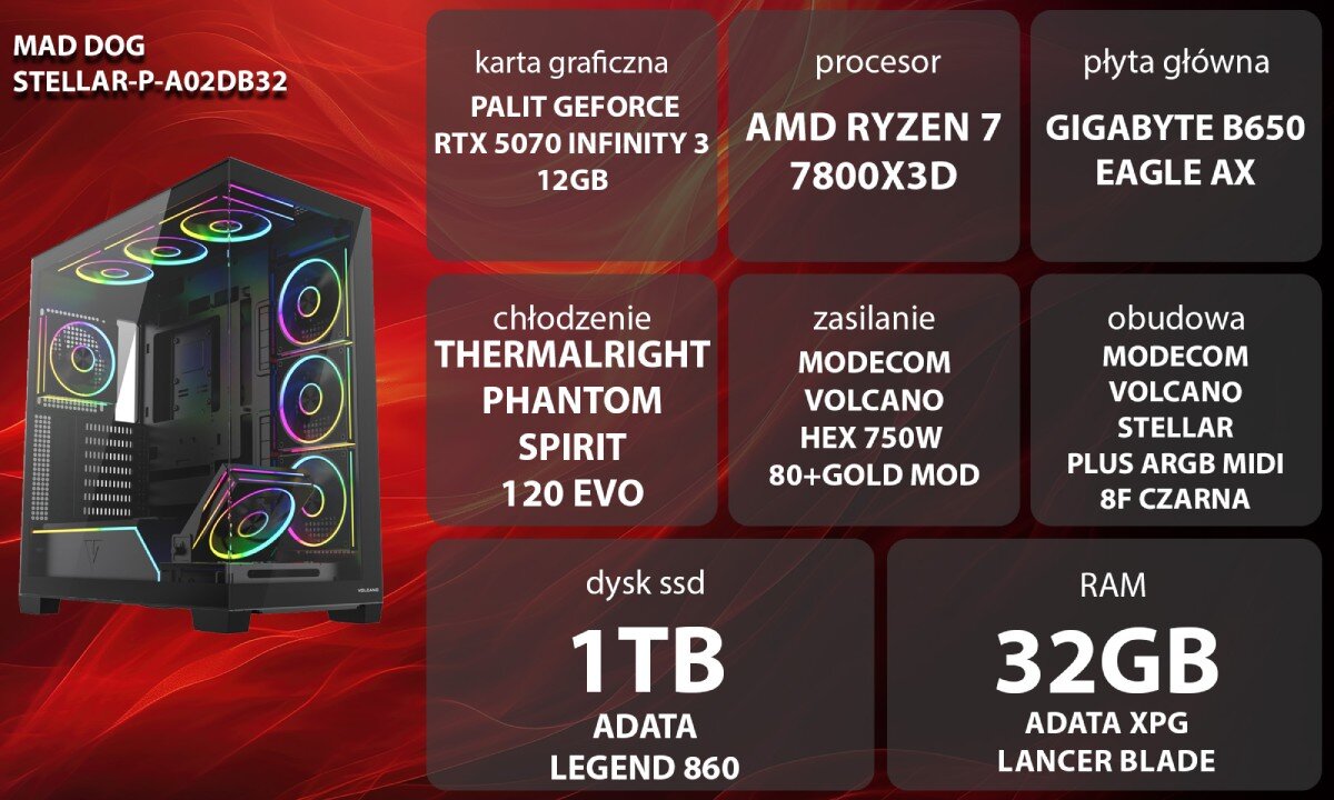 Komputer MAD DOG STELLAR-P-A02DB32 Czarny komputer gamingowy z przeszklonym przodem i bokiem, wewnątrz którego znajdują się podzespoły z wielokolorowym podświetleniem, osiem świecących wentylatorów oraz pasek LED przy dolnej osłonie